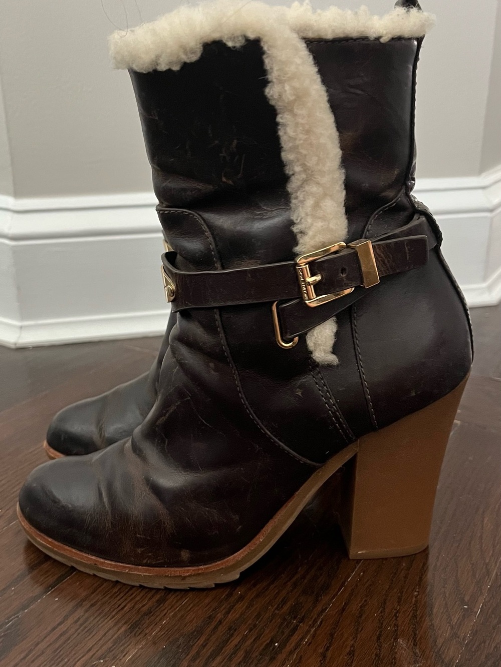 Michael Kors Dark Brown Leather Shearling-Trim Block Heel Ankle Boots